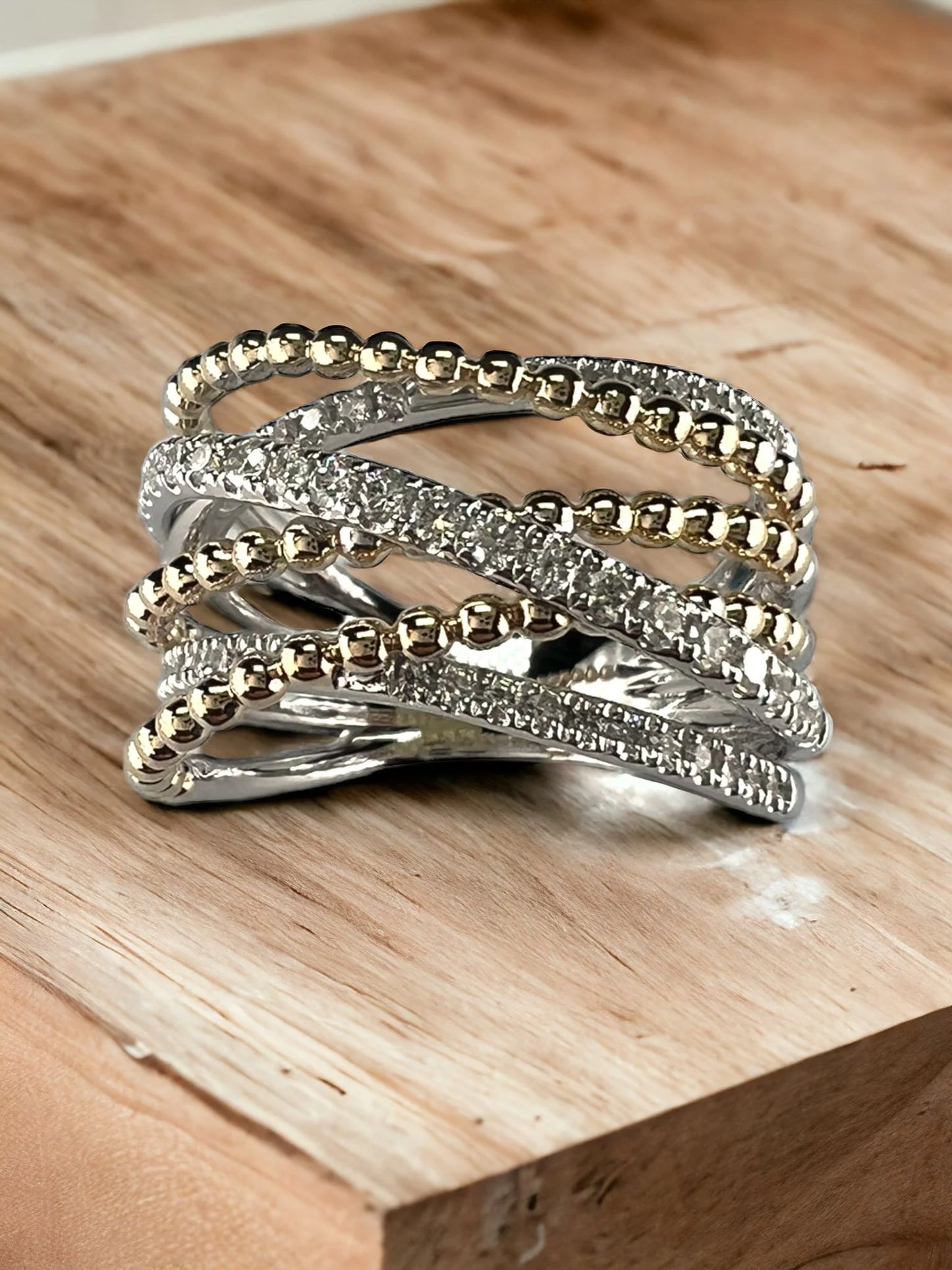 14k Gold Two-Tone Diamond Diamond & Bead Ring