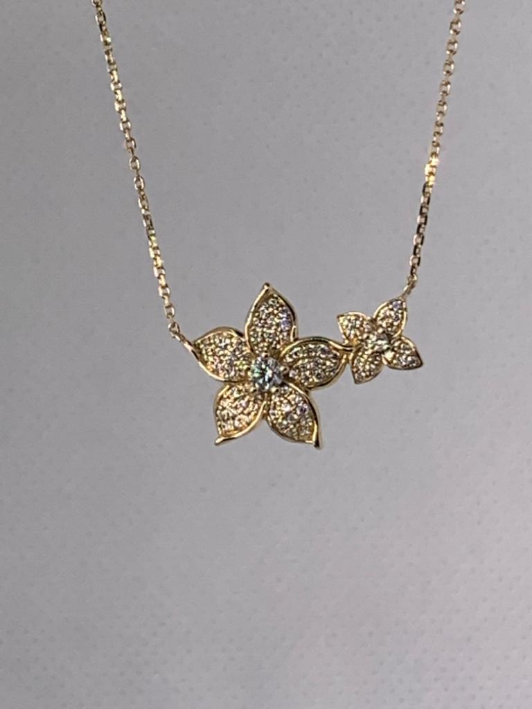 14k Gold Two Floral Motif Diamond Necklace