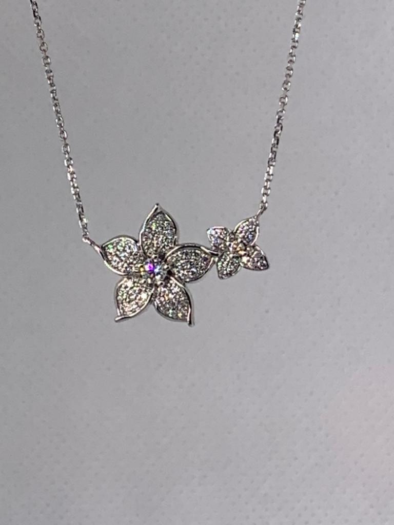 14k Gold Two Floral Motif Diamond Necklace