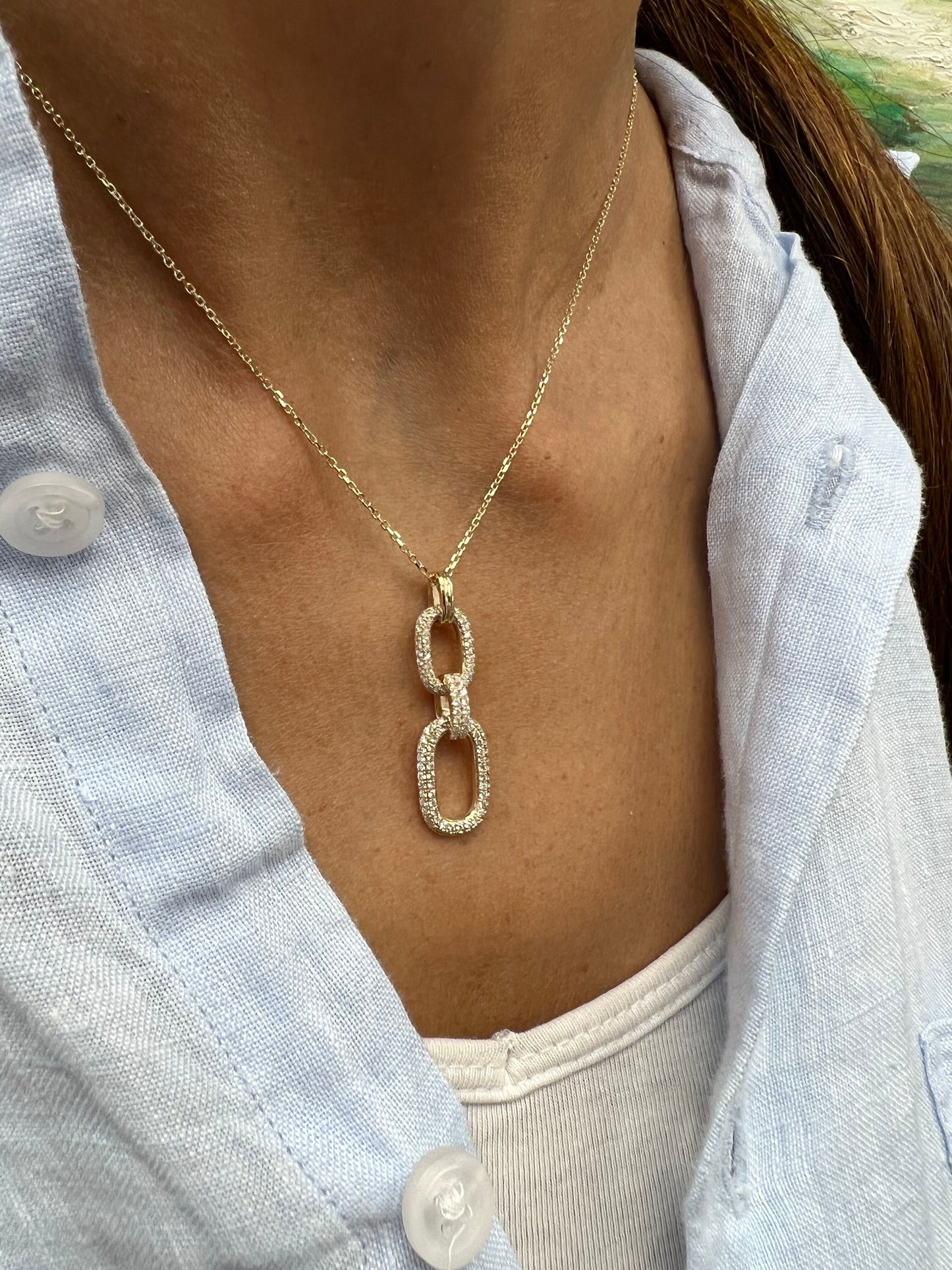 14k Gold Diamond Paper Clip Pendant Necklace