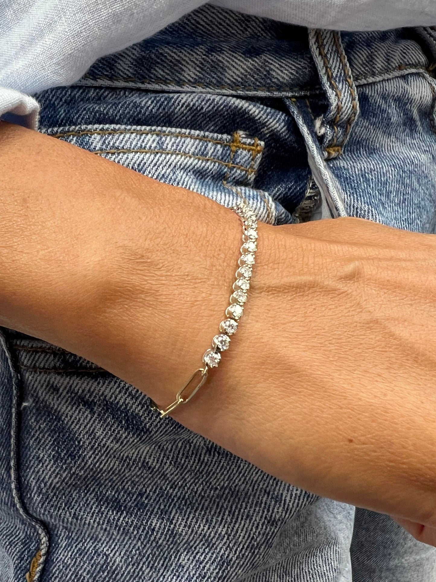 14k Gold Half Tennis Half Paperclip Diamond Bracelet