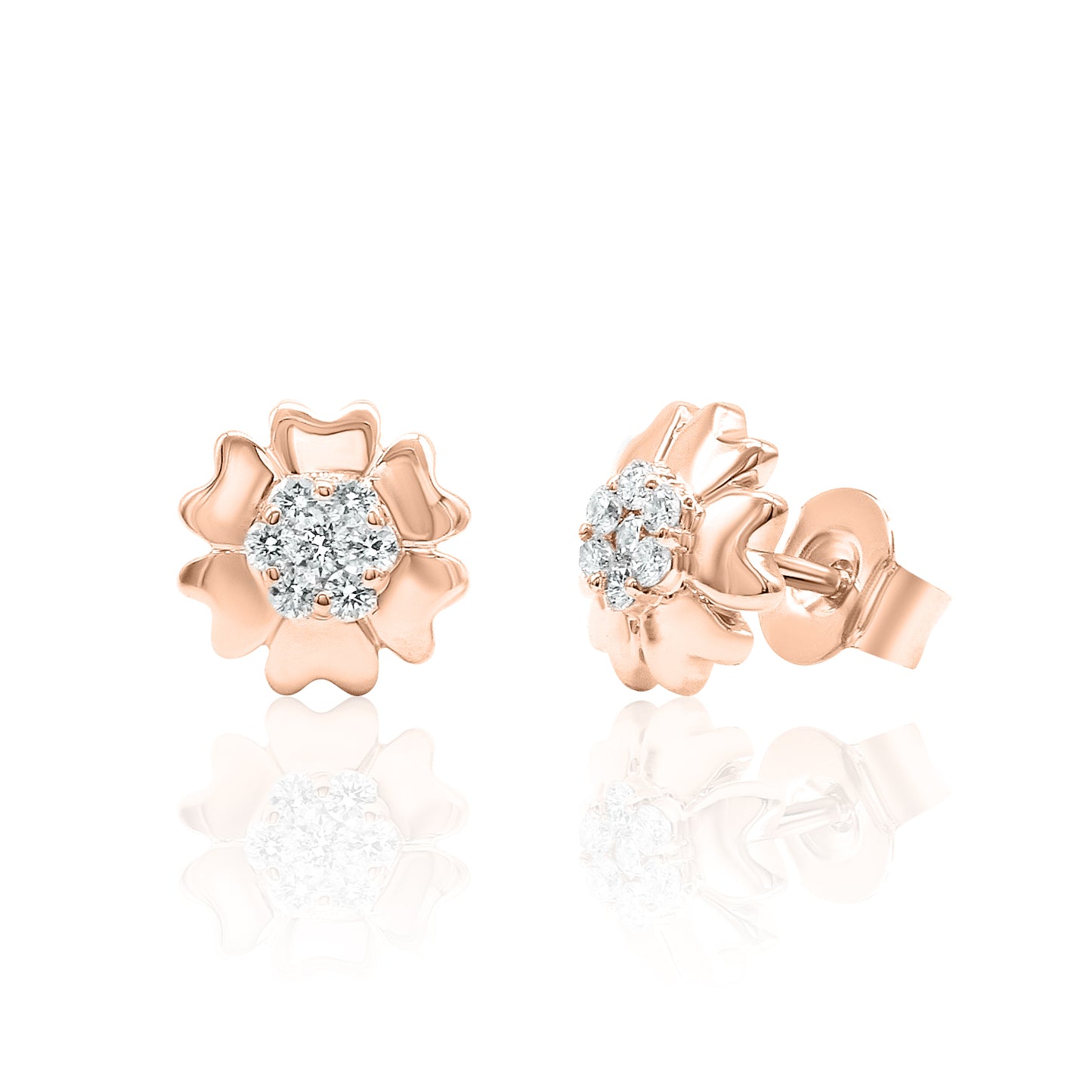 14k Gold Flower Studs Diamond Earrings