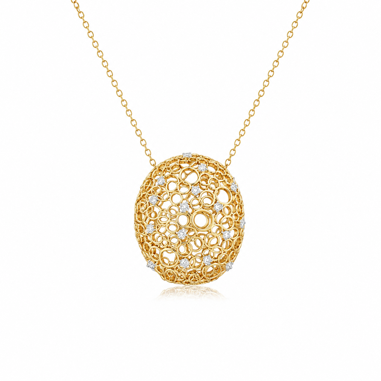 14k Gold Diamond Open Oval Bubble Pendant Necklace