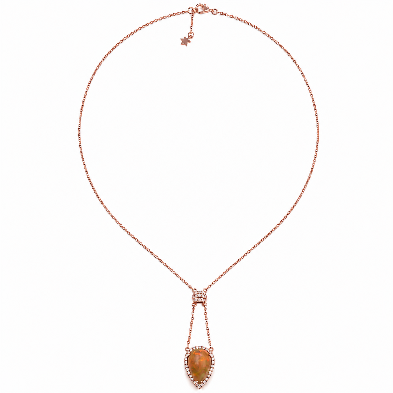 14k Solid Gold Natural Opal and Diamond Pear Drop Necklace