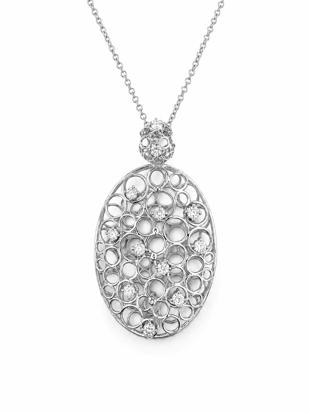 14k Gold Diamond Open Oval Bubble Pendant Necklace