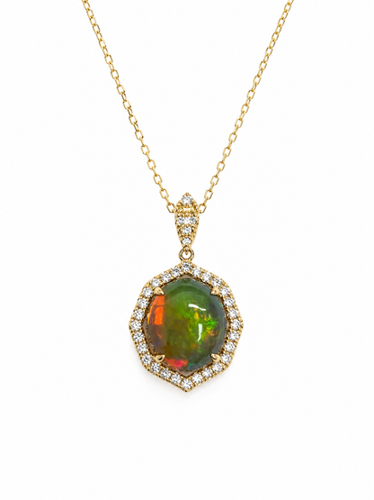 14k Gold Opal & Diamond Halo Necklace