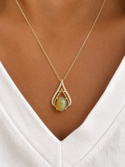 14k Gold Opal & Diamond Teardrop Necklace