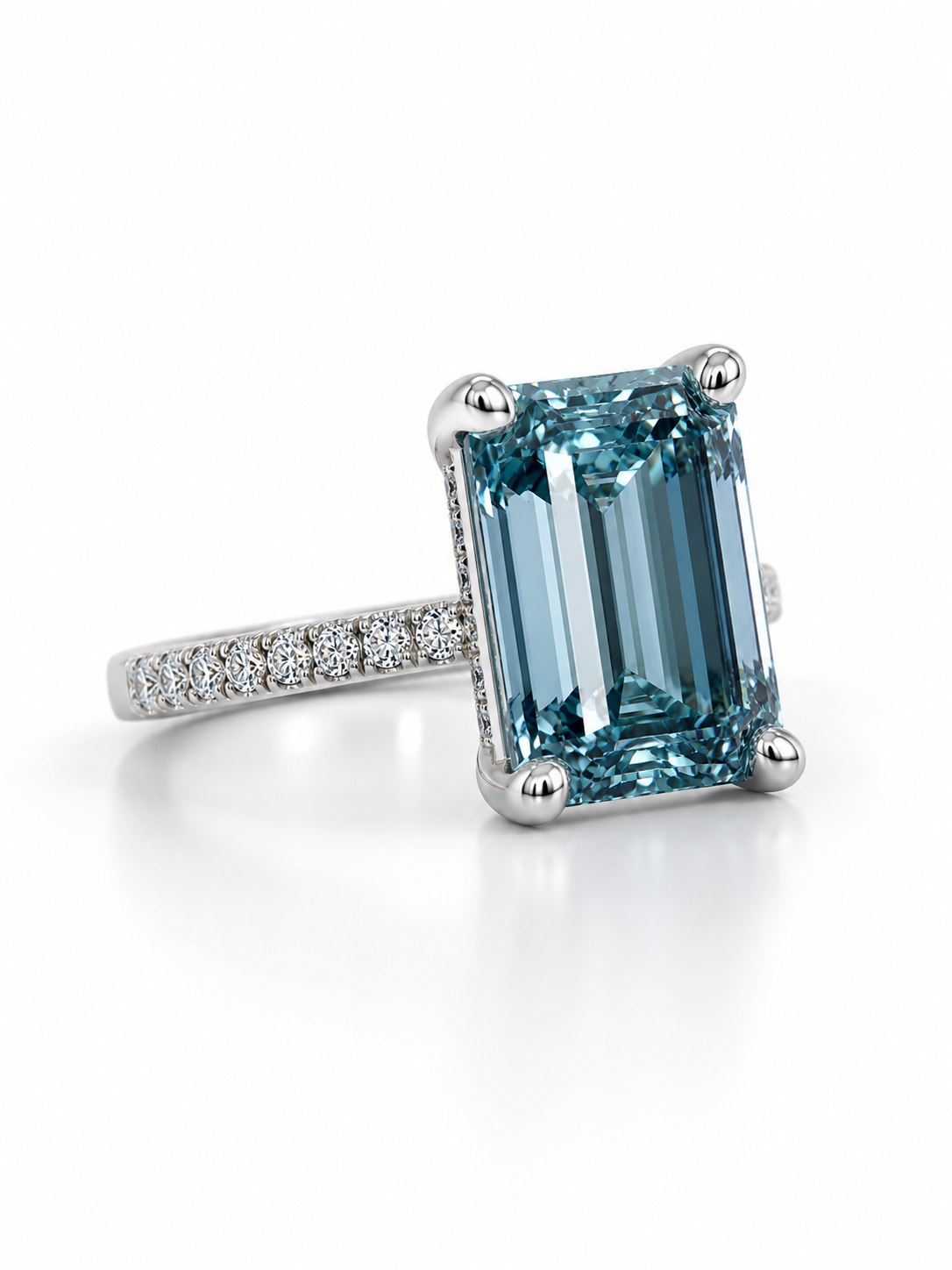 14K Gold Emerald Cut Fancy Vivid Blue Lab Grown Diamond Engagement Ring