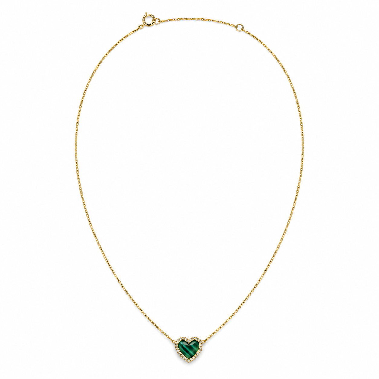 14k Gold Green Malachite Heart Necklace with Diamond Halo