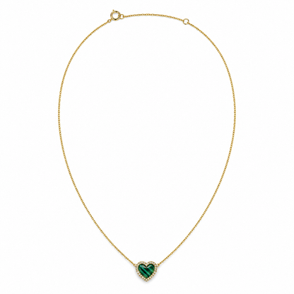 14k Gold Green Malachite Heart Necklace with Diamond Halo