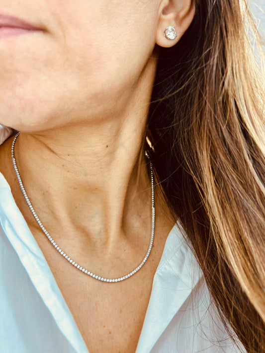 14k Gold Half Tennis Diamonds Half Beads Link Necklace