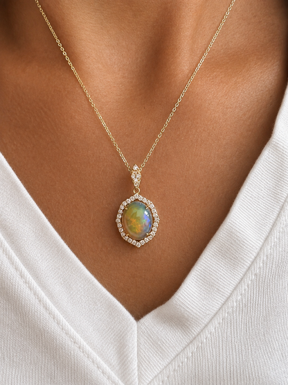 14k Gold Opal & Diamond Halo Necklace