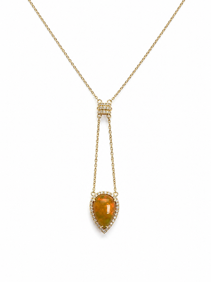 14k Solid Gold Natural Opal and Diamond Pear Drop Necklace