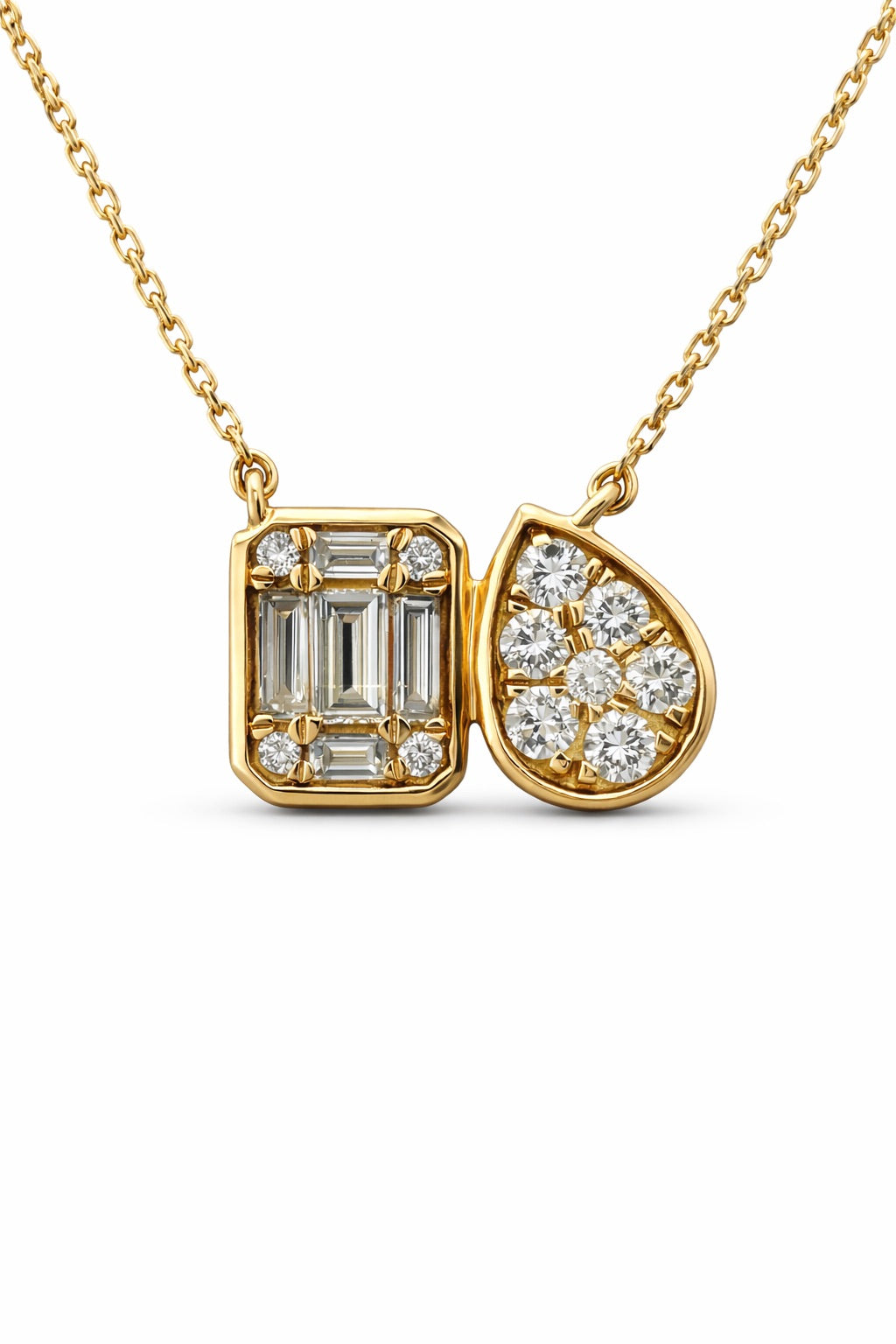 14k Gold Diamond Emerald & Pear Diamond Duo Pendant Necklace,  Statement Necklace, Adjustable Layering Necklace, Gift Idea, Love Dainty