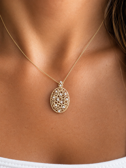 14k Gold Diamond Open Oval Bubble Pendant Necklace