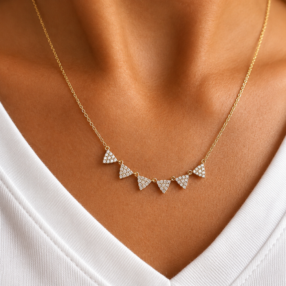 14k Gold Natural Diamond Dainty Pave' Geometric Tringle Necklace