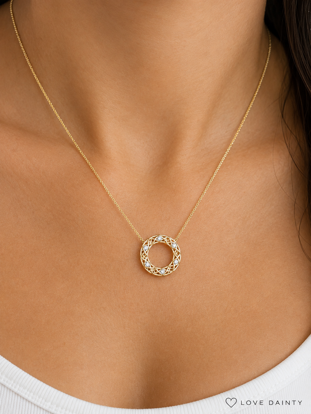 14k Gold Diamond Circle Necklace, Natural Diamond Open Circle Pendant