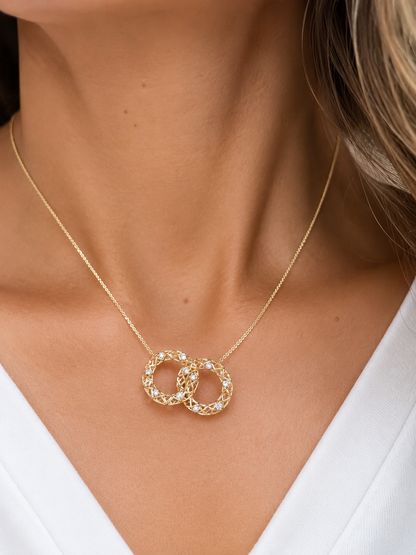 14k Gold Natural Diamond Interlocking Circle Necklace Pendant, Adjustable Layering Necklace, Minimalist Jewelry, Gift for Her, Love Dainty