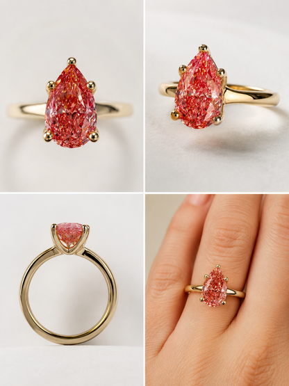 14K Gold Pear Cut Fancy Vivid Pink Lab Grown Diamond Engagement Ring