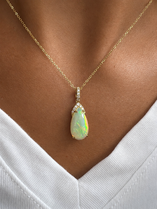 14k Gold Pear-Shaped Opal & Diamond Pendant Necklace