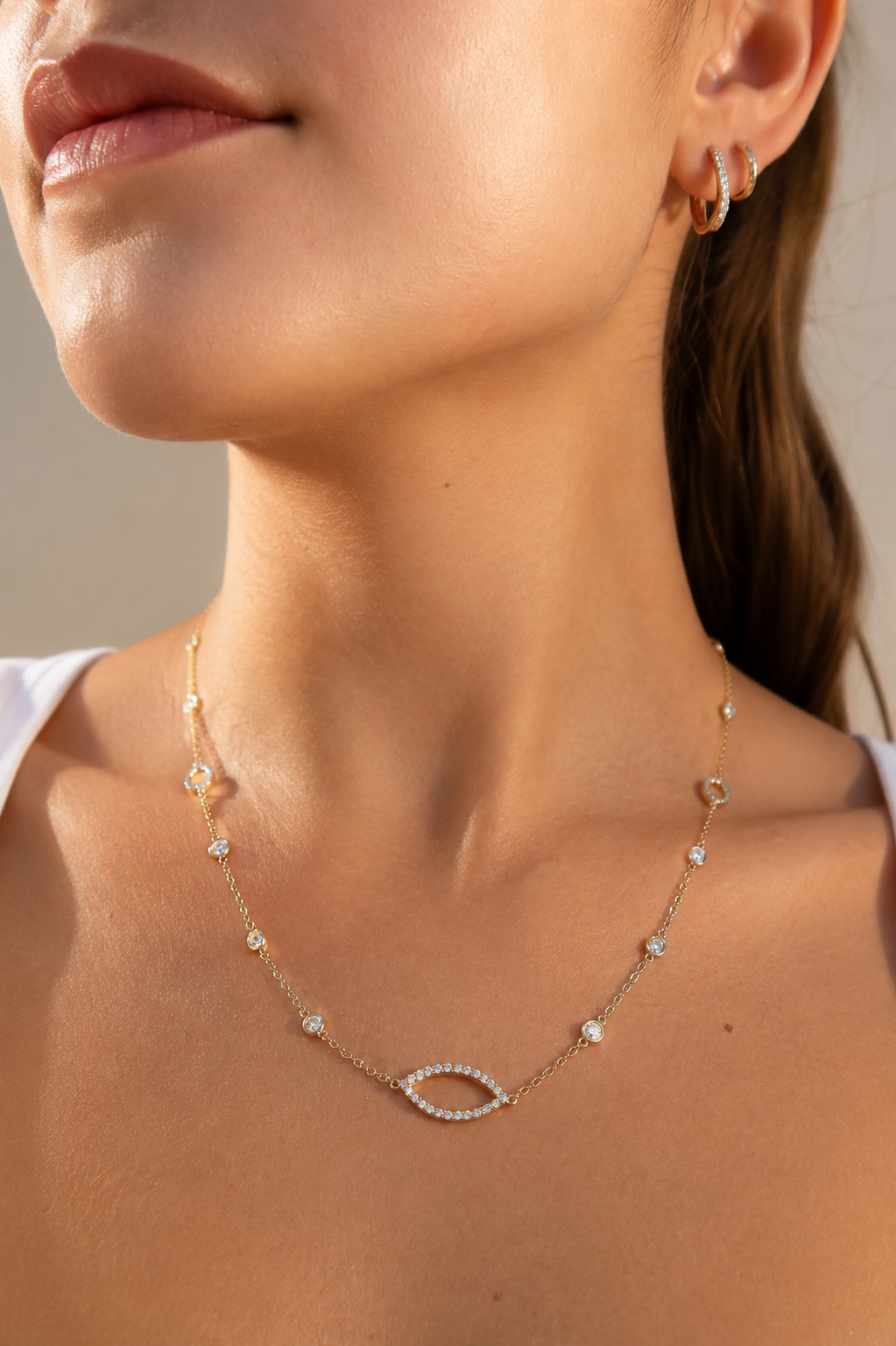 14k Gold Diamond Marquise Necklace, Bezel Diamond Station Chain, Dainty Fine Jewelry, Statement Necklace, Layering Necklace, Gift For Her