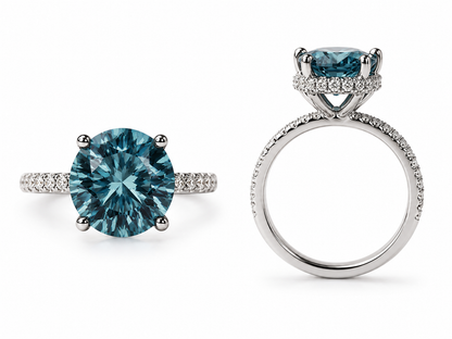 14K Gold Round Cut Fancy Vivid Blue Lab Grown Diamond Engagement Ring