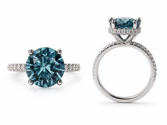 14K Gold Round Cut Fancy Vivid Blue Lab Grown Diamond Engagement Ring