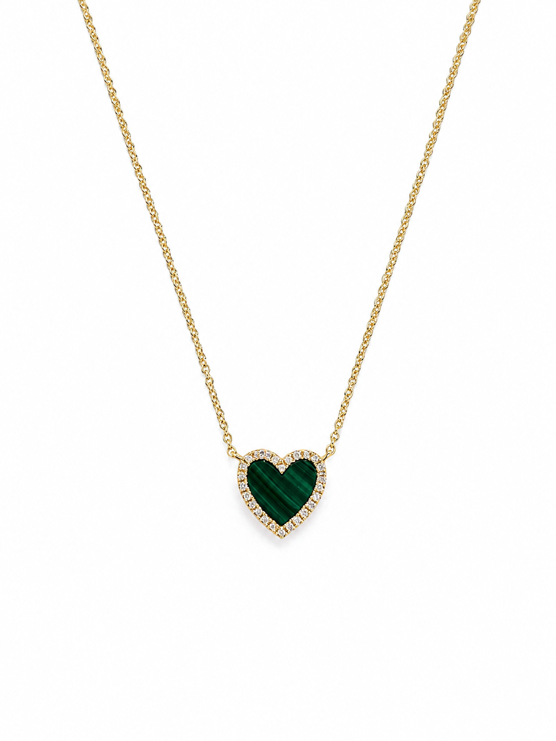 14k Gold Green Malachite Heart Necklace with Diamond Halo
