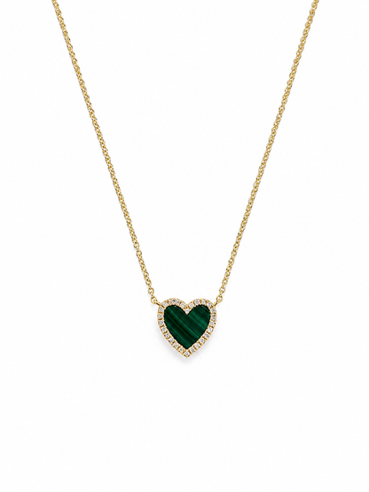 14k Gold Green Malachite Heart Necklace with Diamond Halo