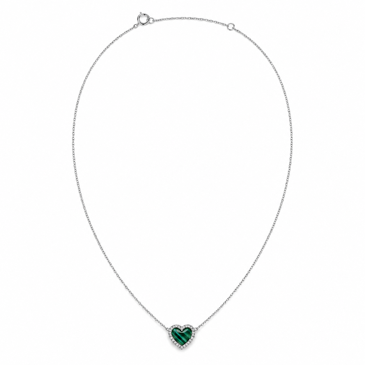 14k Gold Green Malachite Heart Necklace with Diamond Halo
