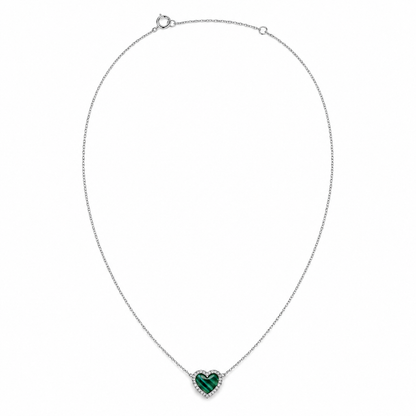 14k Gold Green Malachite Heart Necklace with Diamond Halo