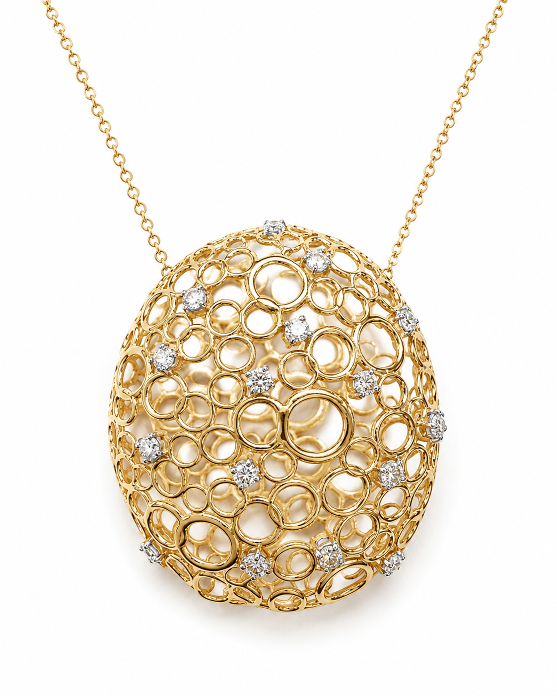 14k Gold Diamond Open Oval Bubble Pendant Necklace