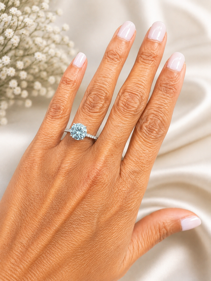 14K Gold Round Cut Fancy Vivid Blue Lab Grown Diamond Engagement Ring