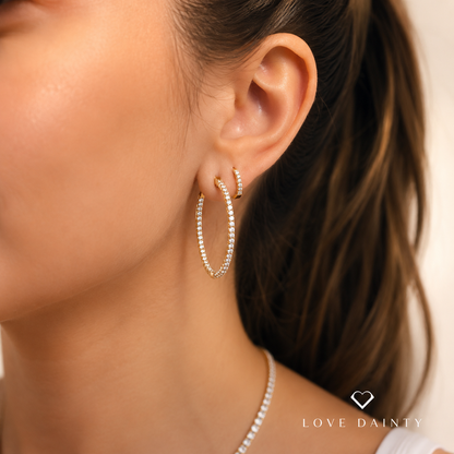 14K White Gold Natural Diamond Hoop Earrings, Inside-Out Hoops, Gift Idea, Love Dainty