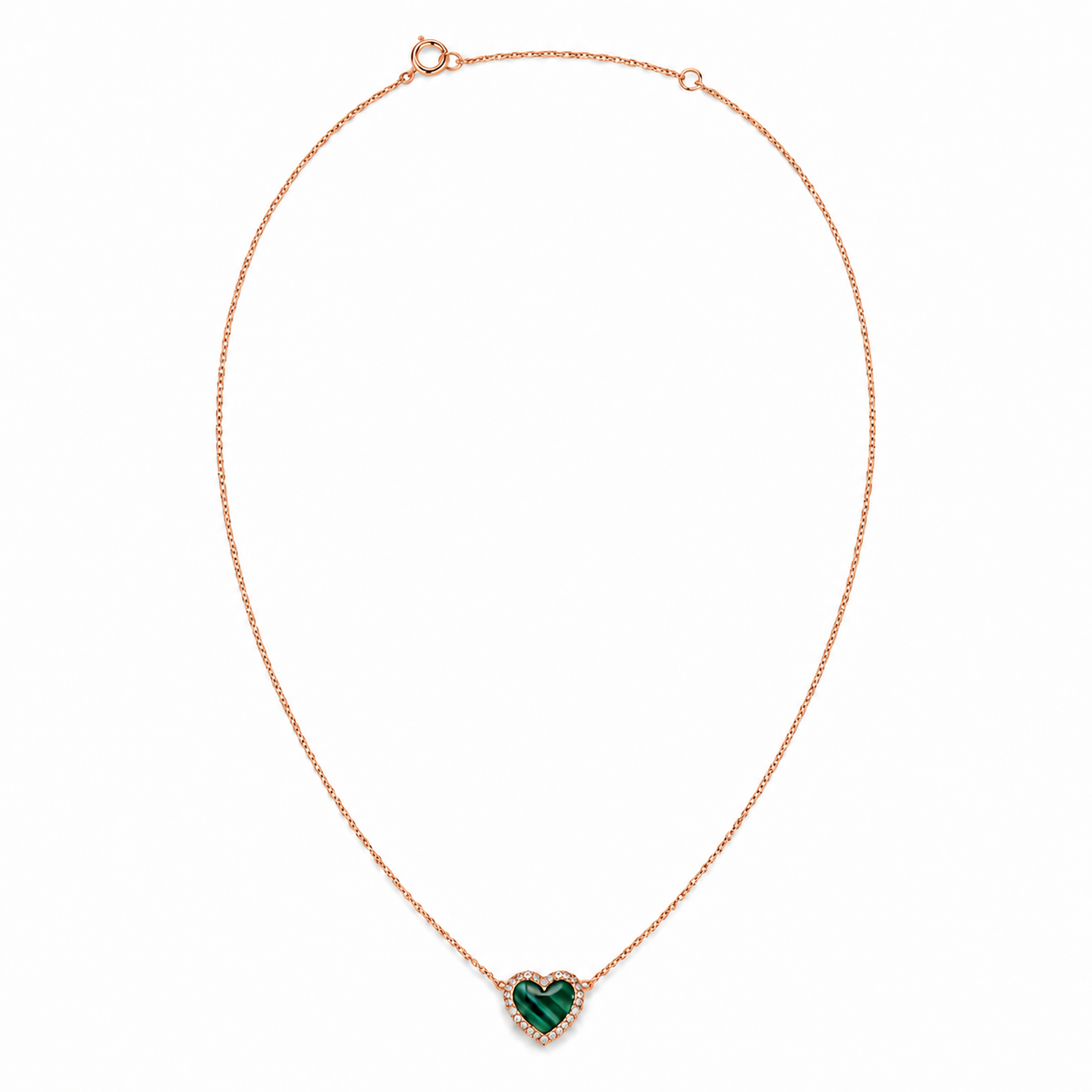14k Gold Green Malachite Heart Necklace with Diamond Halo