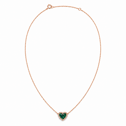 14k Gold Green Malachite Heart Necklace with Diamond Halo
