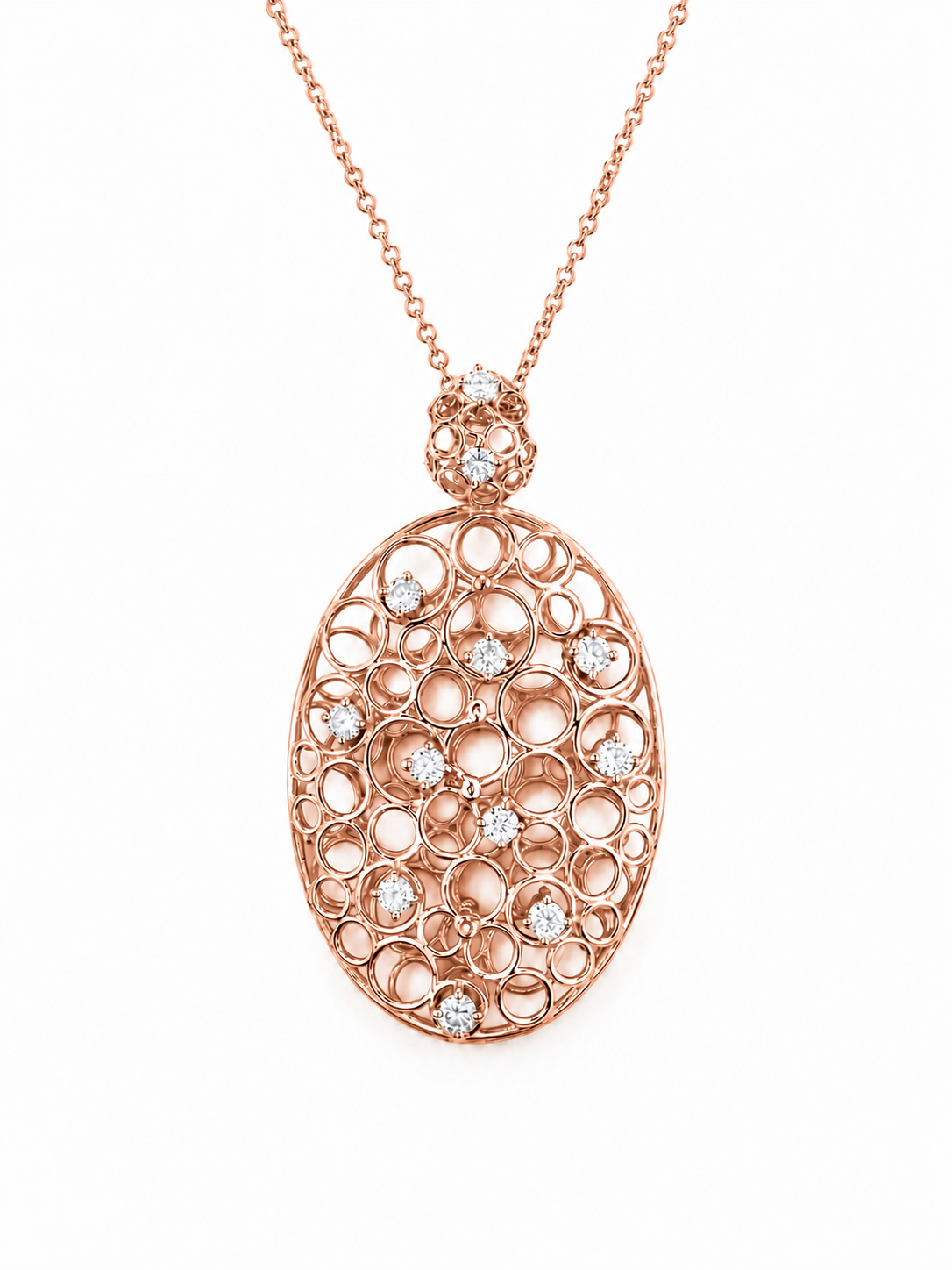 14k Gold Diamond Open Oval Bubble Pendant Necklace