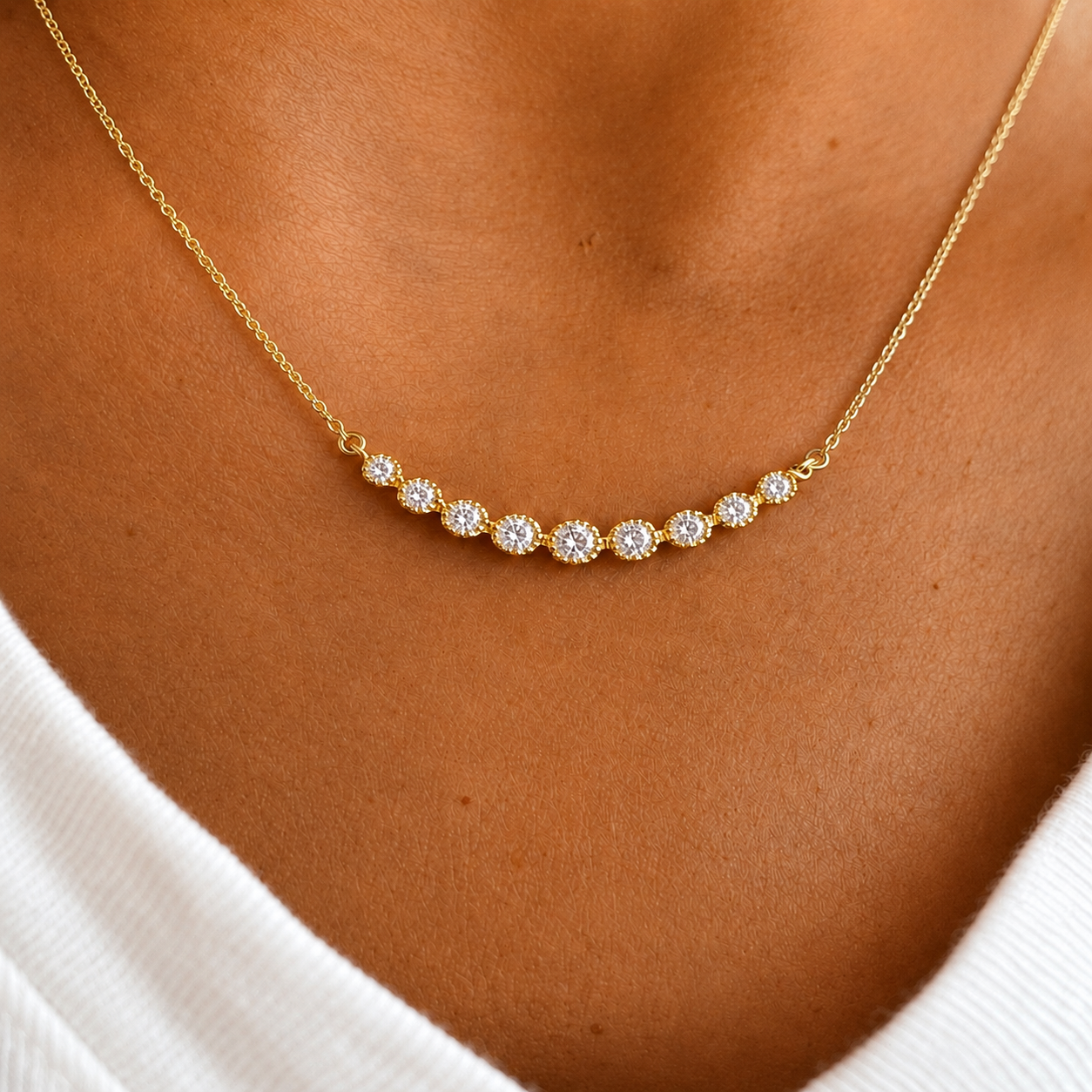 14k Gold Dainty Graduated Diamond Bar Necklace
