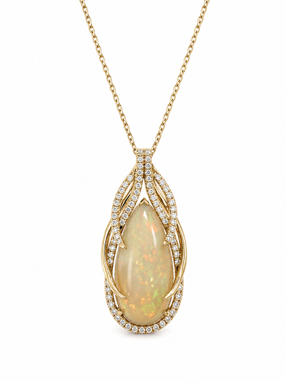 14k Gold Pear-Shaped Opal & Diamond Necklace