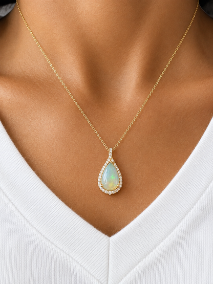 14k Gold Pear-Shaped Opal & Diamond Pendant Necklace