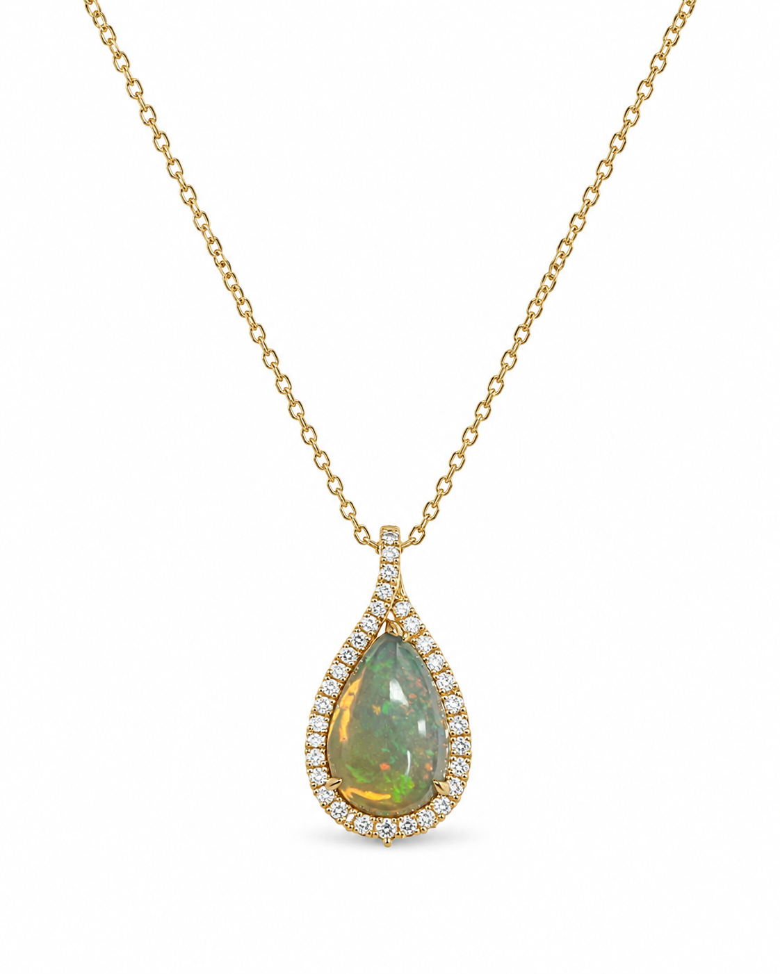 14k Gold Pear-Shaped Opal & Diamond Pendant Necklace