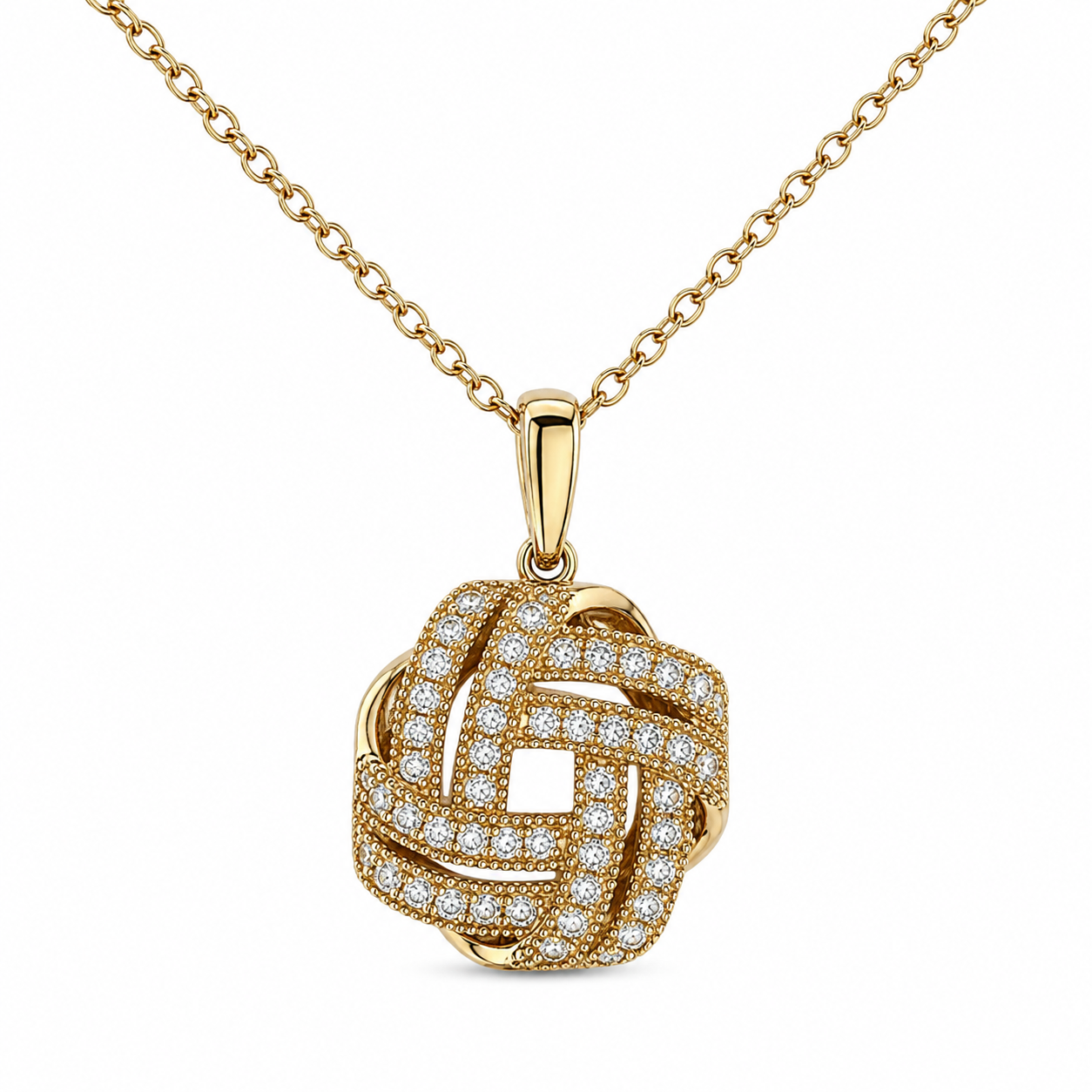 14k Gold Diamond Love Knot Interwoven Pendant Necklace
