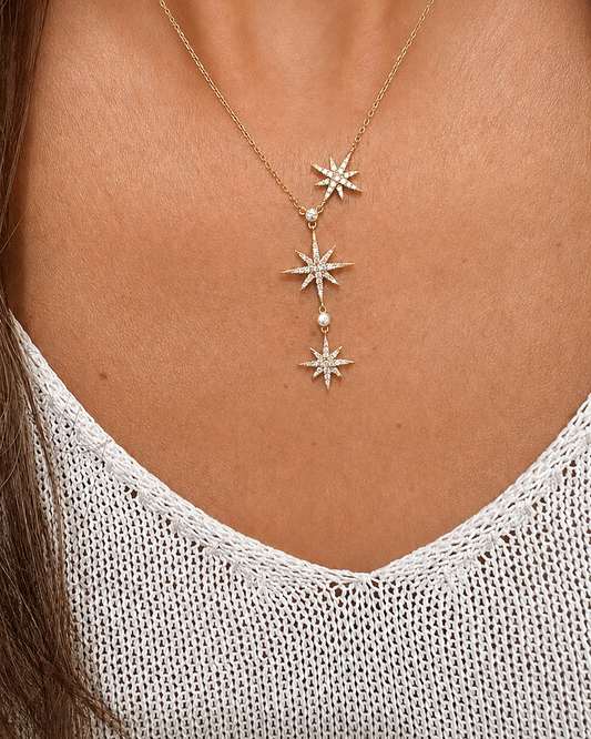 14k Gold Diamond Starburst Y Drop Lariat Necklace