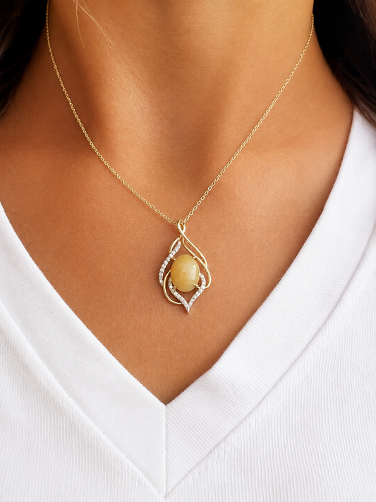 14k Gold Fire Opal & Diamond Pendant Necklace