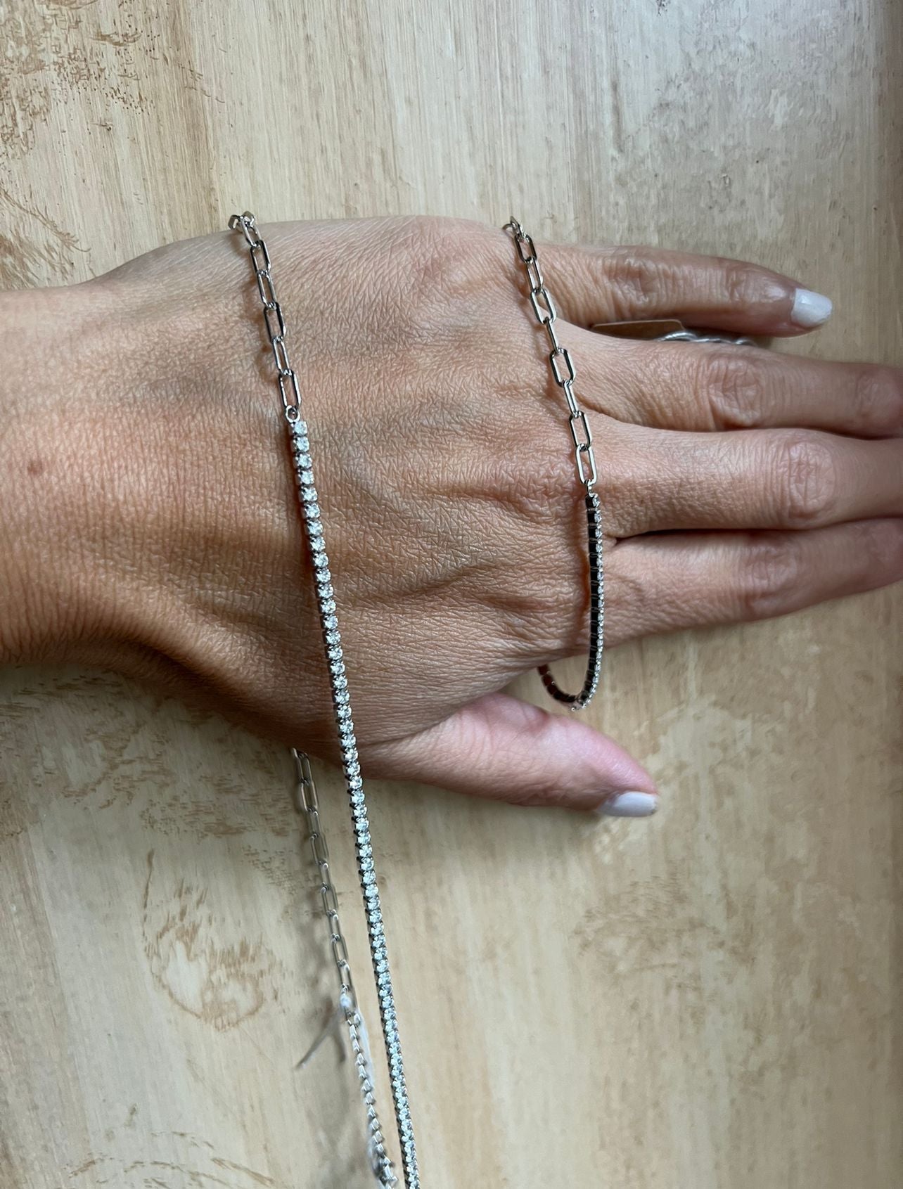 Sterling Silver Half Tennis Half Paperclip Necklace