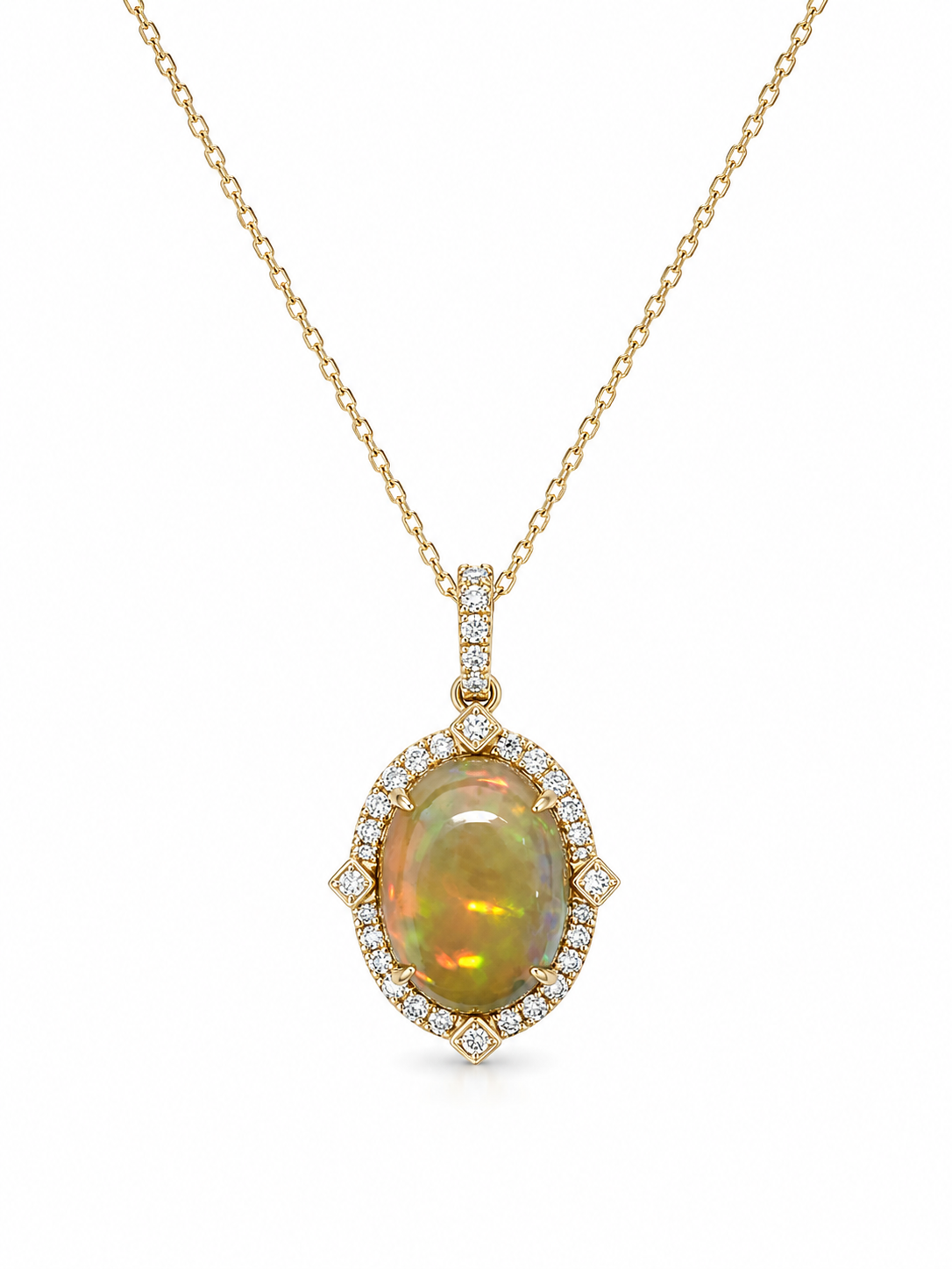 14k Gold Oval Opal & Diamond Pendant Necklace