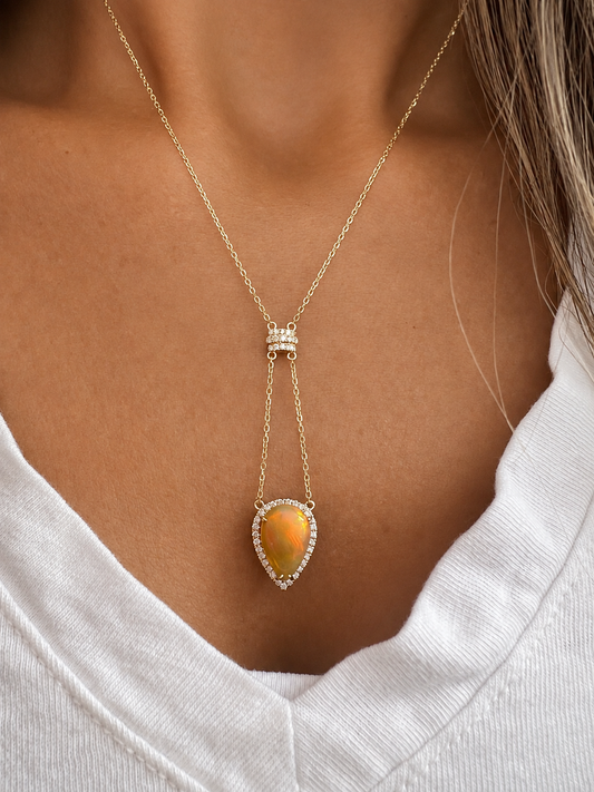 14k Solid Gold Natural Opal and Diamond Pear Drop Necklace