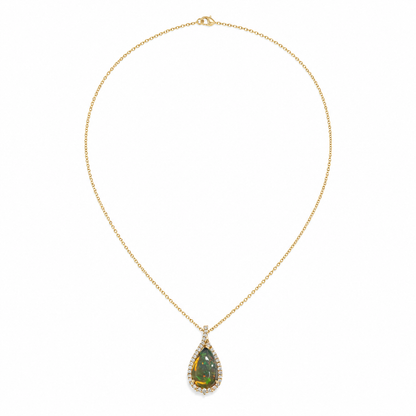 14k Gold Pear-Shaped Opal & Diamond Pendant Necklace