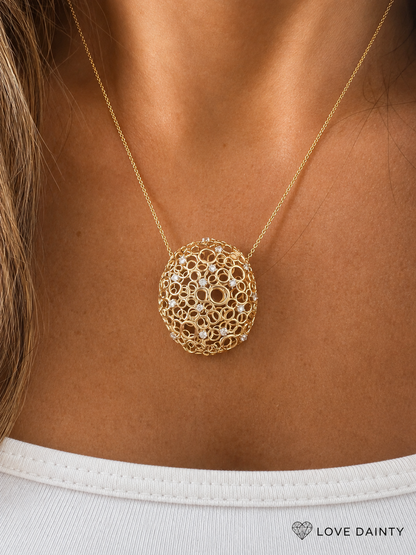 14k Gold Diamond Open Oval Bubble Pendant Necklace