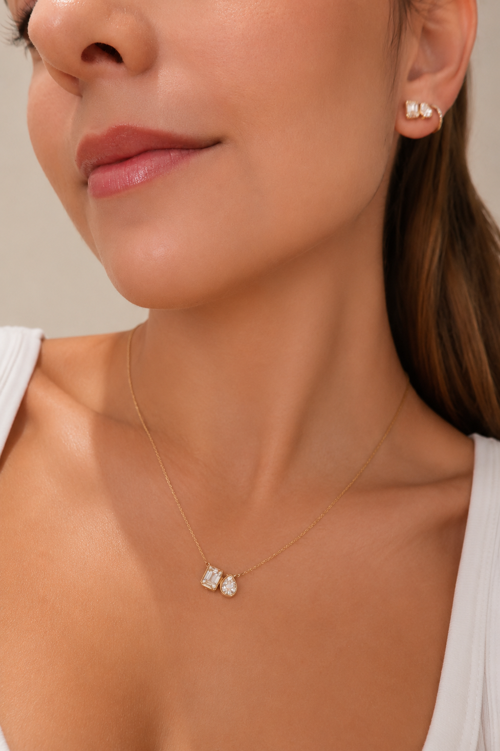 14k Gold Diamond Emerald & Pear Diamond Duo Pendant Necklace,  Statement Necklace, Adjustable Layering Necklace, Gift Idea, Love Dainty